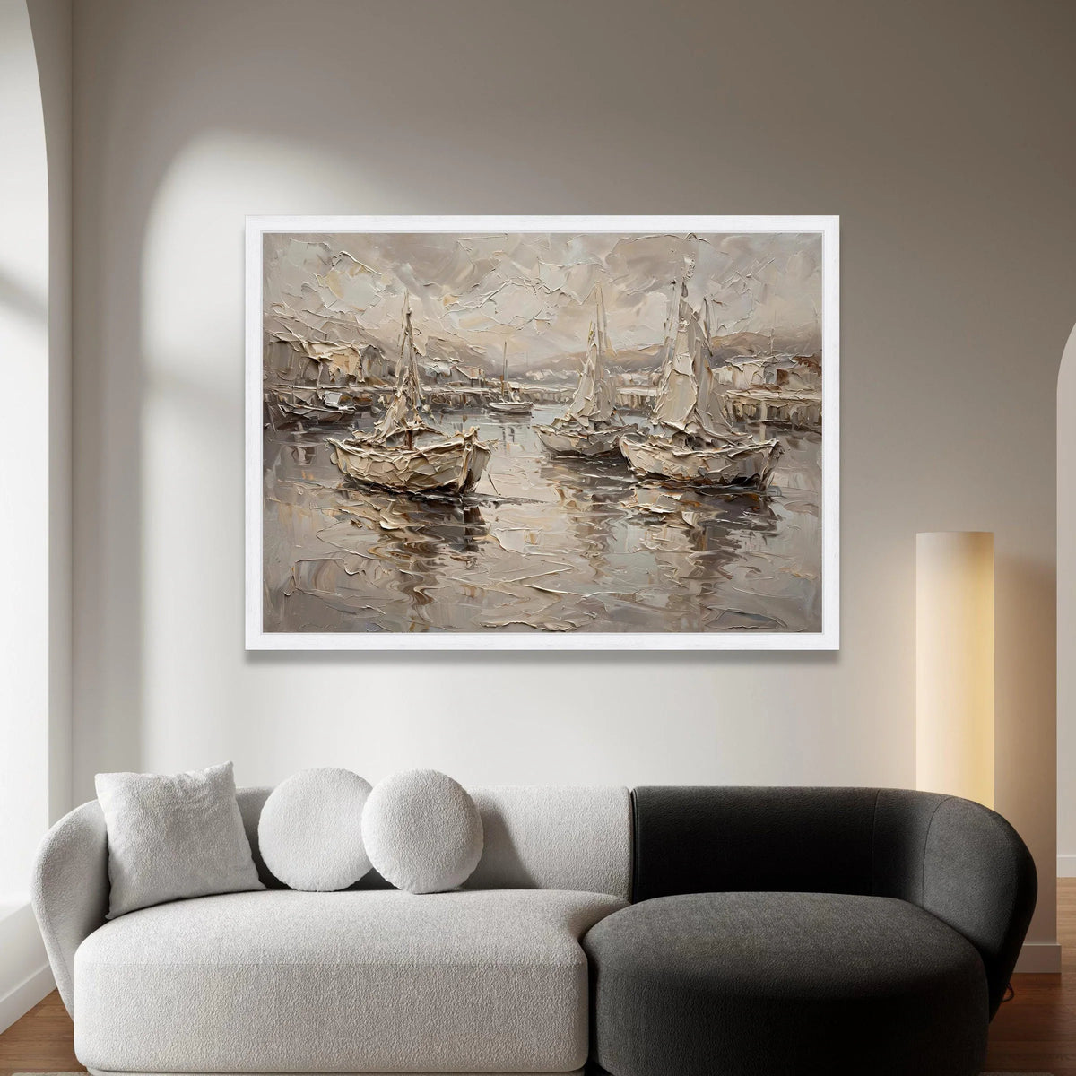Sepia Harbor Scene Canvas, Sailing Boats Wall Art, Nautical Canvas Painting, Coastal Home Decor, Marine Landscape Artwork Canvas Print Art