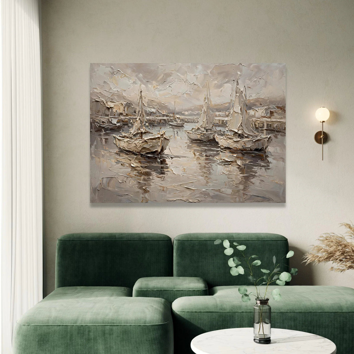 Sepia Harbor Scene Canvas, Sailing Boats Wall Art, Nautical Canvas Painting, Coastal Home Decor, Marine Landscape Artwork Canvas Print Art