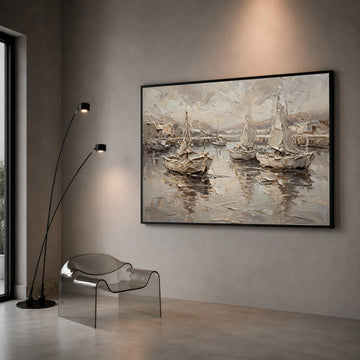 Sepia Harbor Scene Canvas, Sailing Boats Wall Art, Nautical Canvas Painting, Coastal Home Decor, Marine Landscape Artwork Canvas Print Art