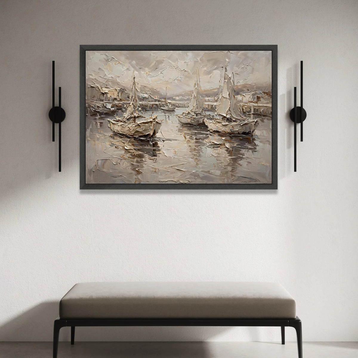Sepia Harbor Scene Canvas, Sailing Boats Wall Art, Nautical Canvas Painting, Coastal Home Decor, Marine Landscape Artwork Canvas Print Art