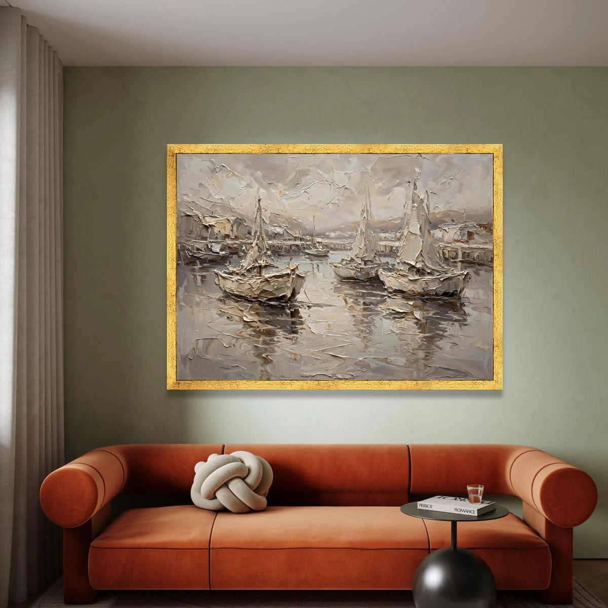Sepia Harbor Scene Canvas, Sailing Boats Wall Art, Nautical Canvas Painting, Coastal Home Decor, Marine Landscape Artwork Canvas Print Art