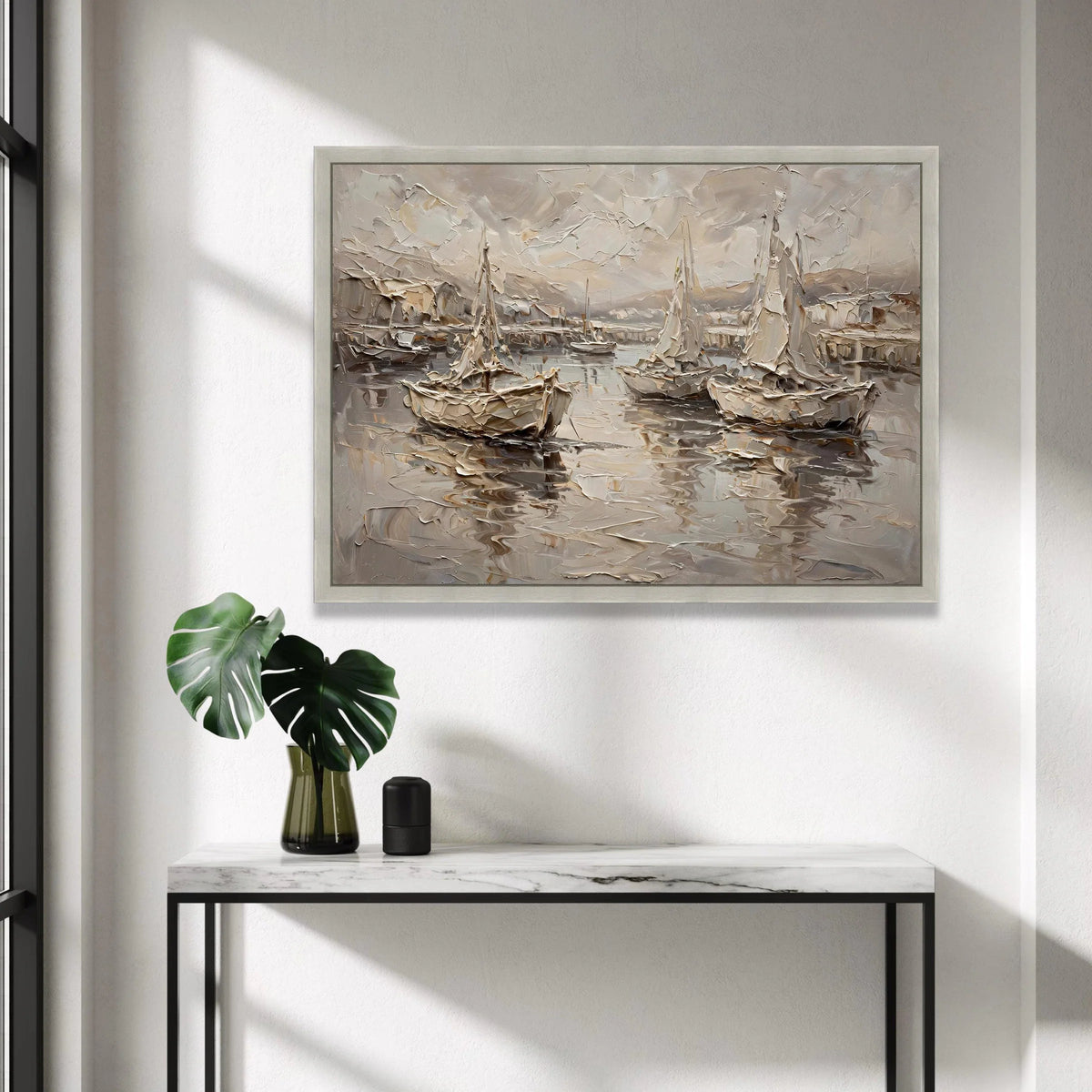 Sepia Harbor Scene Canvas, Sailing Boats Wall Art, Nautical Canvas Painting, Coastal Home Decor, Marine Landscape Artwork Canvas Print Art
