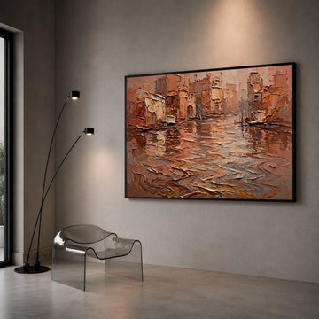 Rustic Canal Scene Canvas, Warm Earth Tone Wall Art, European Cityscape Canvas, Reflection Water Artwork, Home Decor Canvas Print Art