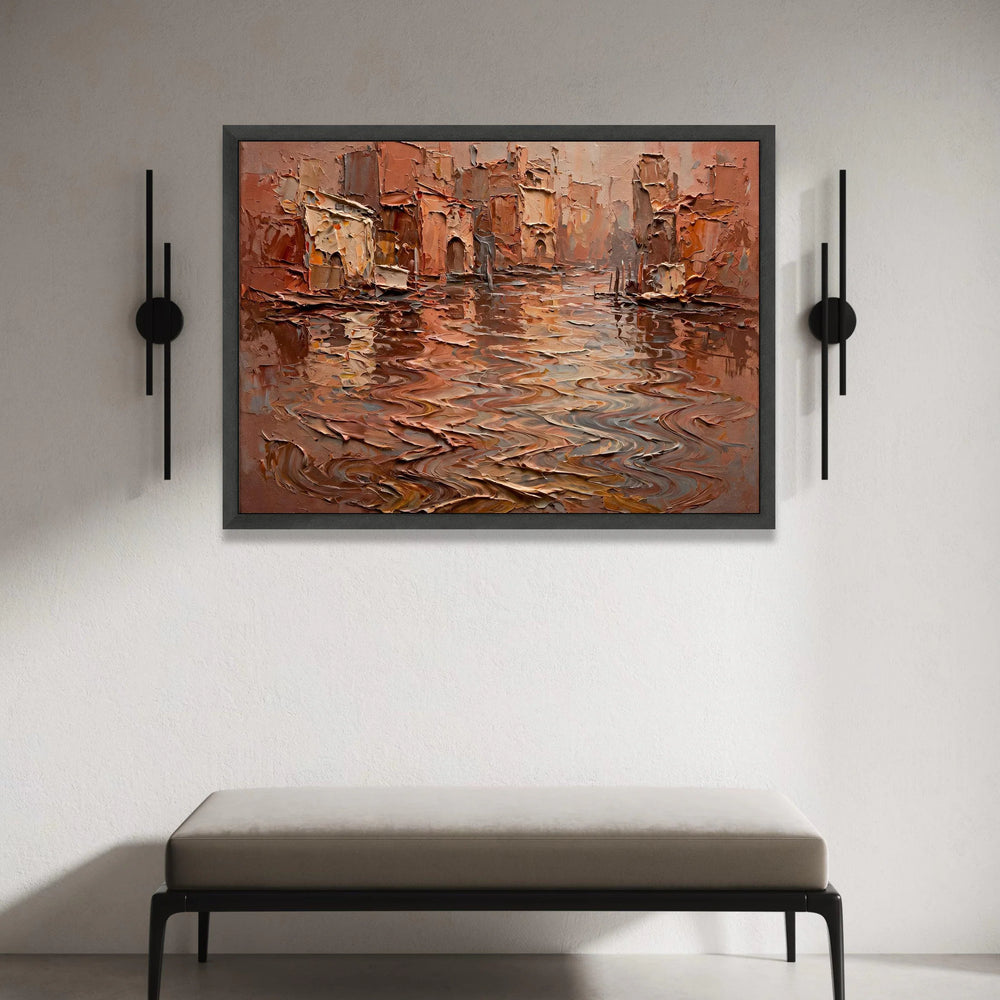 Rustic Canal Scene Canvas, Warm Earth Tone Wall Art, European Cityscape Canvas, Reflection Water Artwork, Home Decor Canvas Print Art