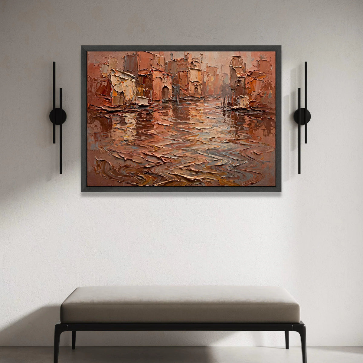 Rustic Canal Scene Canvas, Warm Earth Tone Wall Art, European Cityscape Canvas, Reflection Water Artwork, Home Decor Canvas Print Art