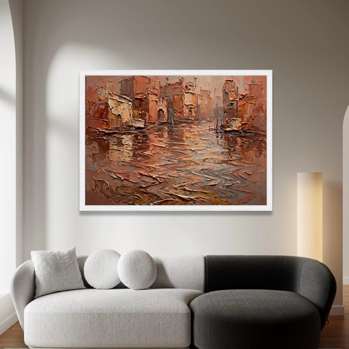 Rustic Canal Scene Canvas, Warm Earth Tone Wall Art, European Cityscape Canvas, Reflection Water Artwork, Home Decor Canvas Print Art
