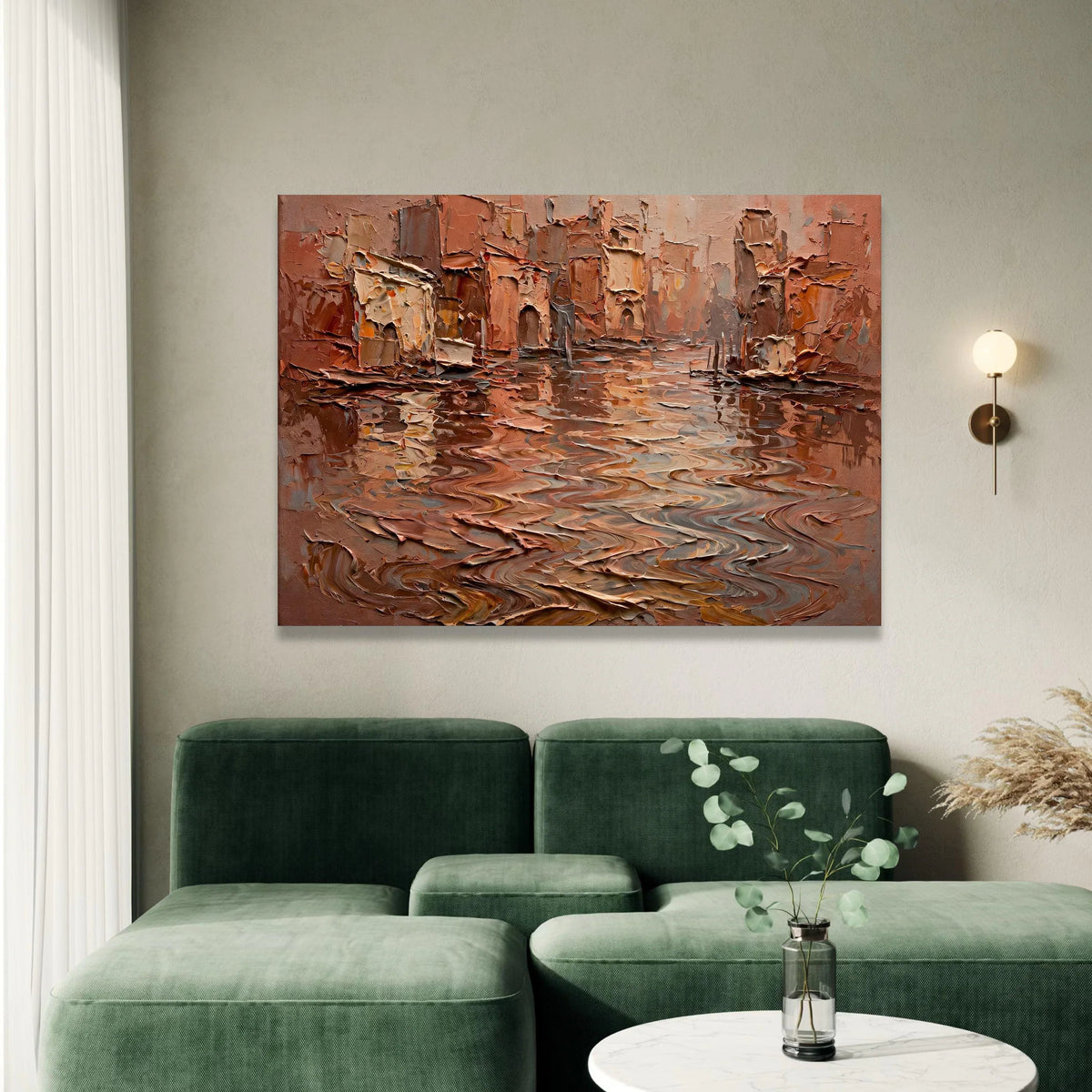 Rustic Canal Scene Canvas, Warm Earth Tone Wall Art, European Cityscape Canvas, Reflection Water Artwork, Home Decor Canvas Print Art