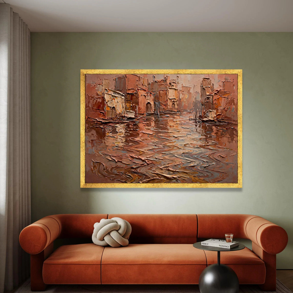 Rustic Canal Scene Canvas, Warm Earth Tone Wall Art, European Cityscape Canvas, Reflection Water Artwork, Home Decor Canvas Print Art