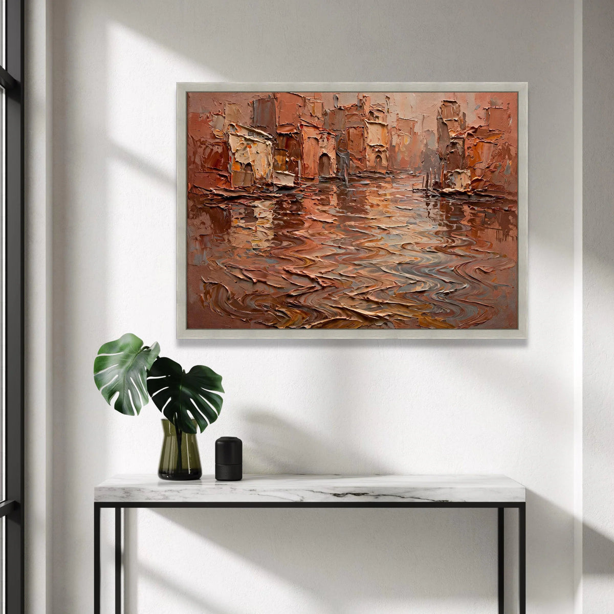 Rustic Canal Scene Canvas, Warm Earth Tone Wall Art, European Cityscape Canvas, Reflection Water Artwork, Home Decor Canvas Print Art