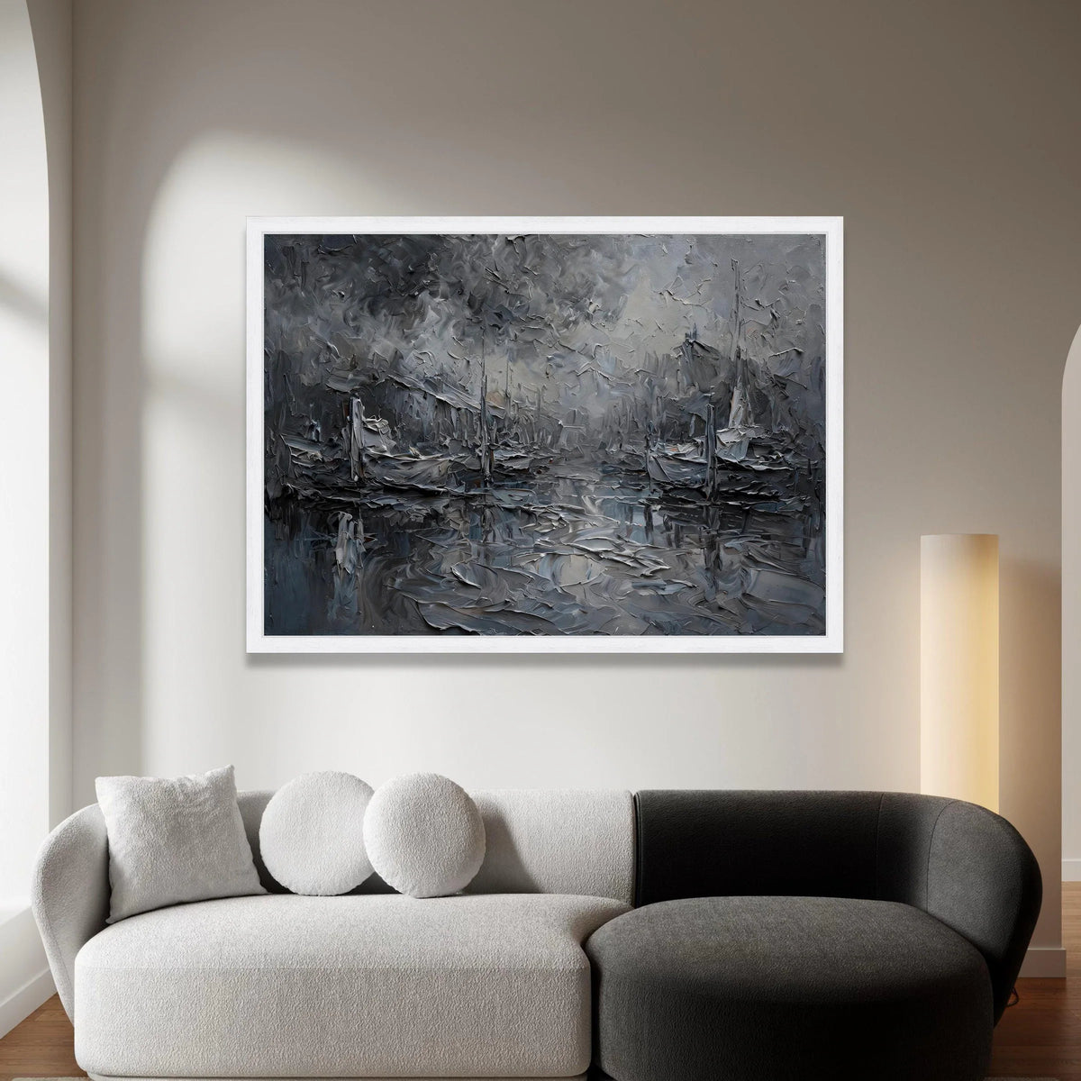 Moody Harbor Scene Canvas, Gray Nautical Wall Art, Abstract Boat Painting, Coastal Canvas Decor, Seaside Landscape Artwork, Canvas Print Art