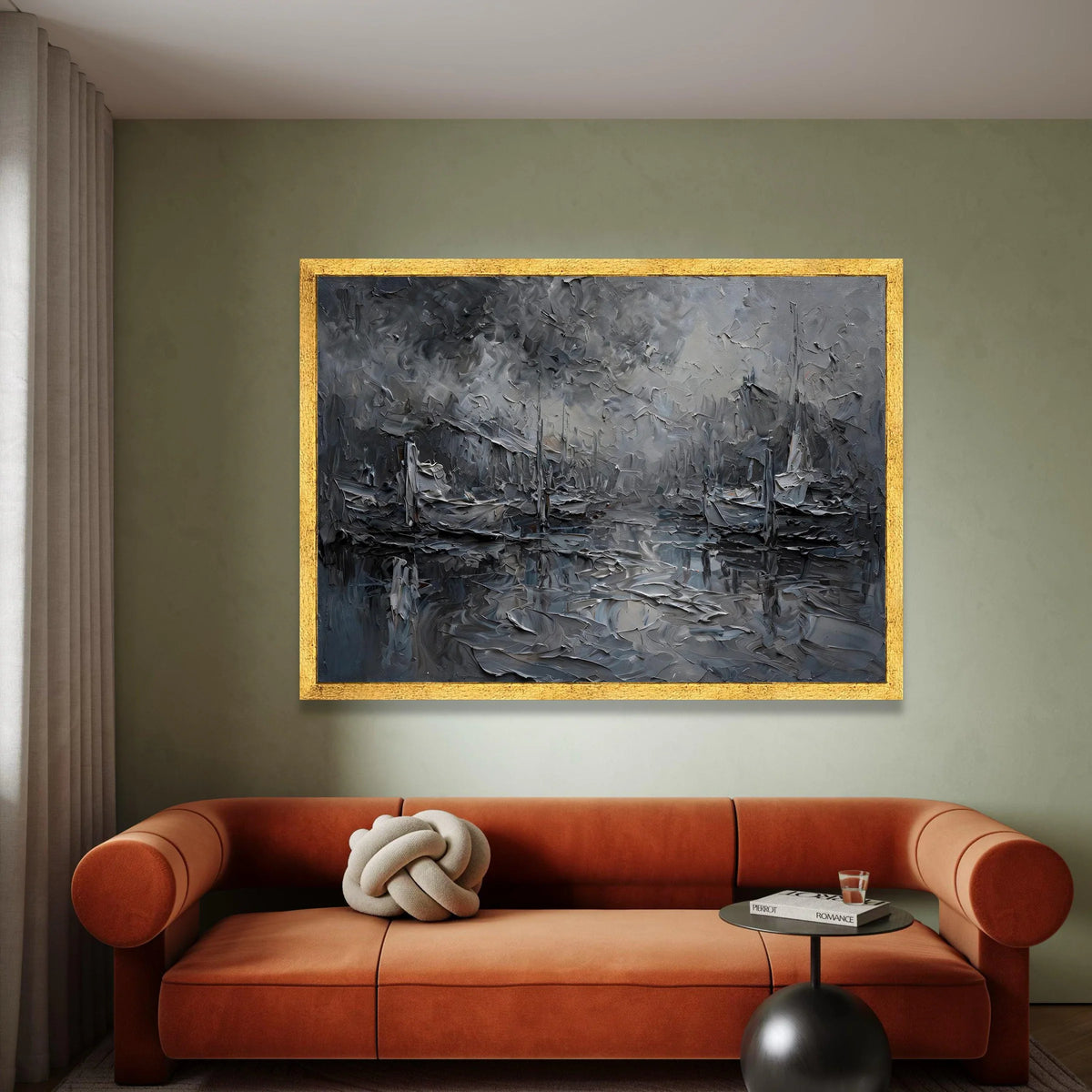 Moody Harbor Scene Canvas, Gray Nautical Wall Art, Abstract Boat Painting, Coastal Canvas Decor, Seaside Landscape Artwork, Canvas Print Art