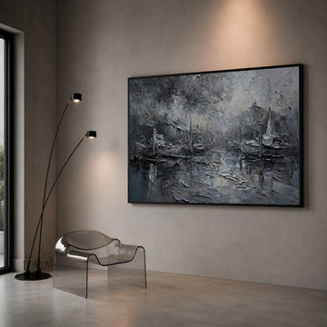 Moody Harbor Scene Canvas, Gray Nautical Wall Art, Abstract Boat Painting, Coastal Canvas Decor, Seaside Landscape Artwork, Canvas Print Art