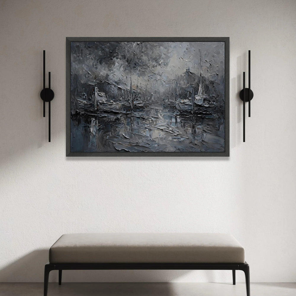 Moody Harbor Scene Canvas, Gray Nautical Wall Art, Abstract Boat Painting, Coastal Canvas Decor, Seaside Landscape Artwork, Canvas Print Art