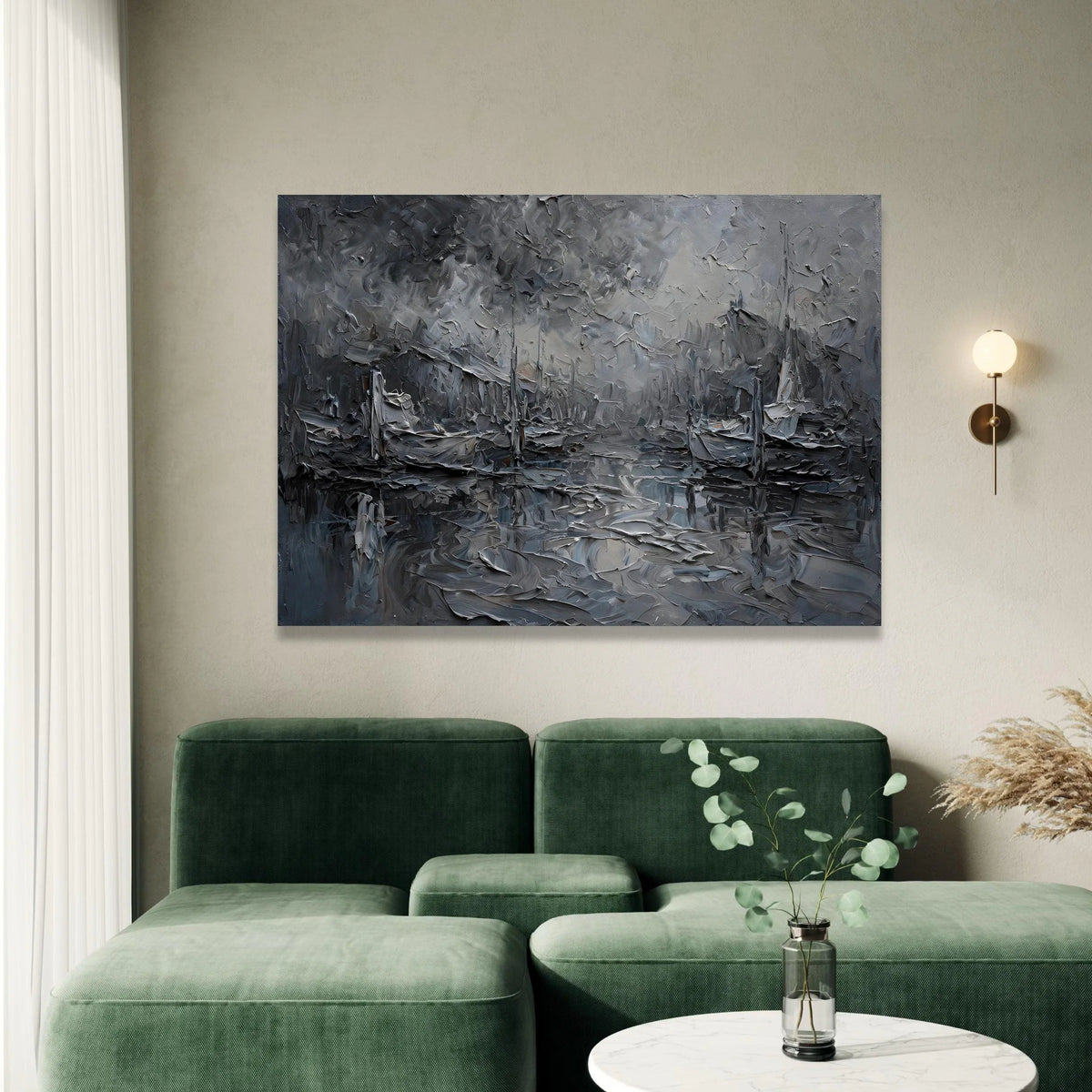 Moody Harbor Scene Canvas, Gray Nautical Wall Art, Abstract Boat Painting, Coastal Canvas Decor, Seaside Landscape Artwork, Canvas Print Art