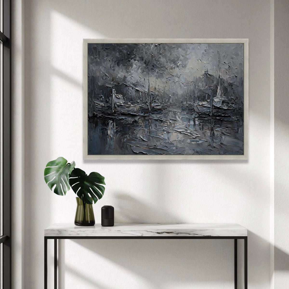 Moody Harbor Scene Canvas, Gray Nautical Wall Art, Abstract Boat Painting, Coastal Canvas Decor, Seaside Landscape Artwork, Canvas Print Art
