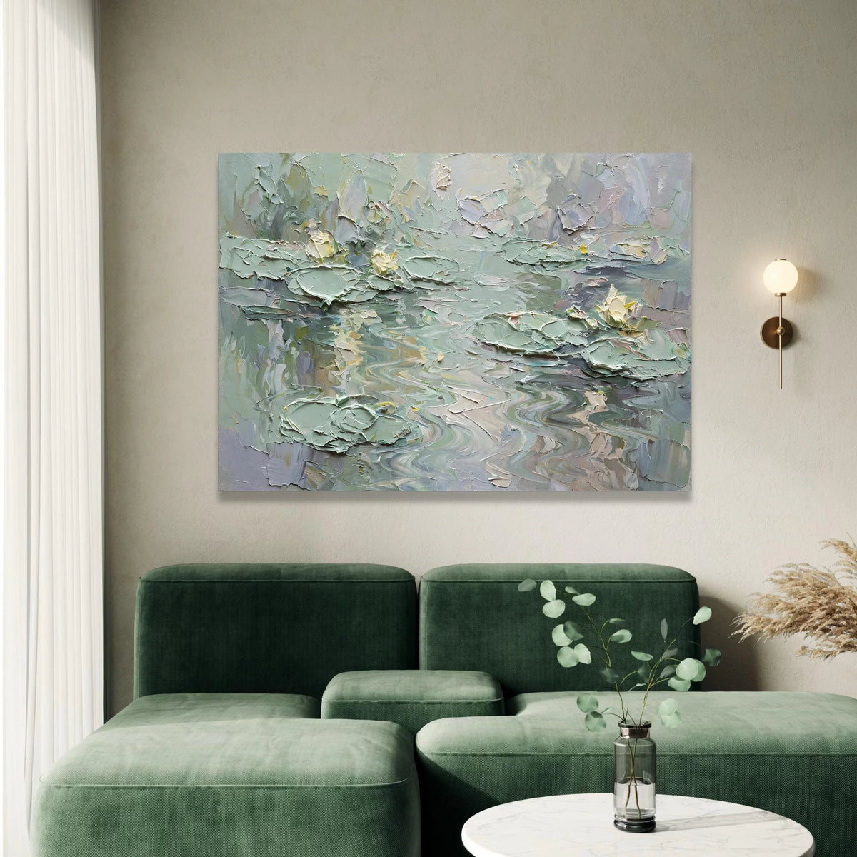 Soft Water Lilies Canvas Wall Art, Serene Pond Scene, Tranquil Floral Painting, Pastel Green Home Decor, Nature Canvas Canvas Print Art