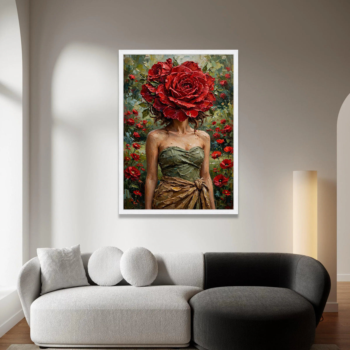 Elegant Woman with Red Rose Headpiece Canvas, Floral Portrait Wall Art, Garden Canvas, Feminine Home Decoration, Nature Canvas Print Art