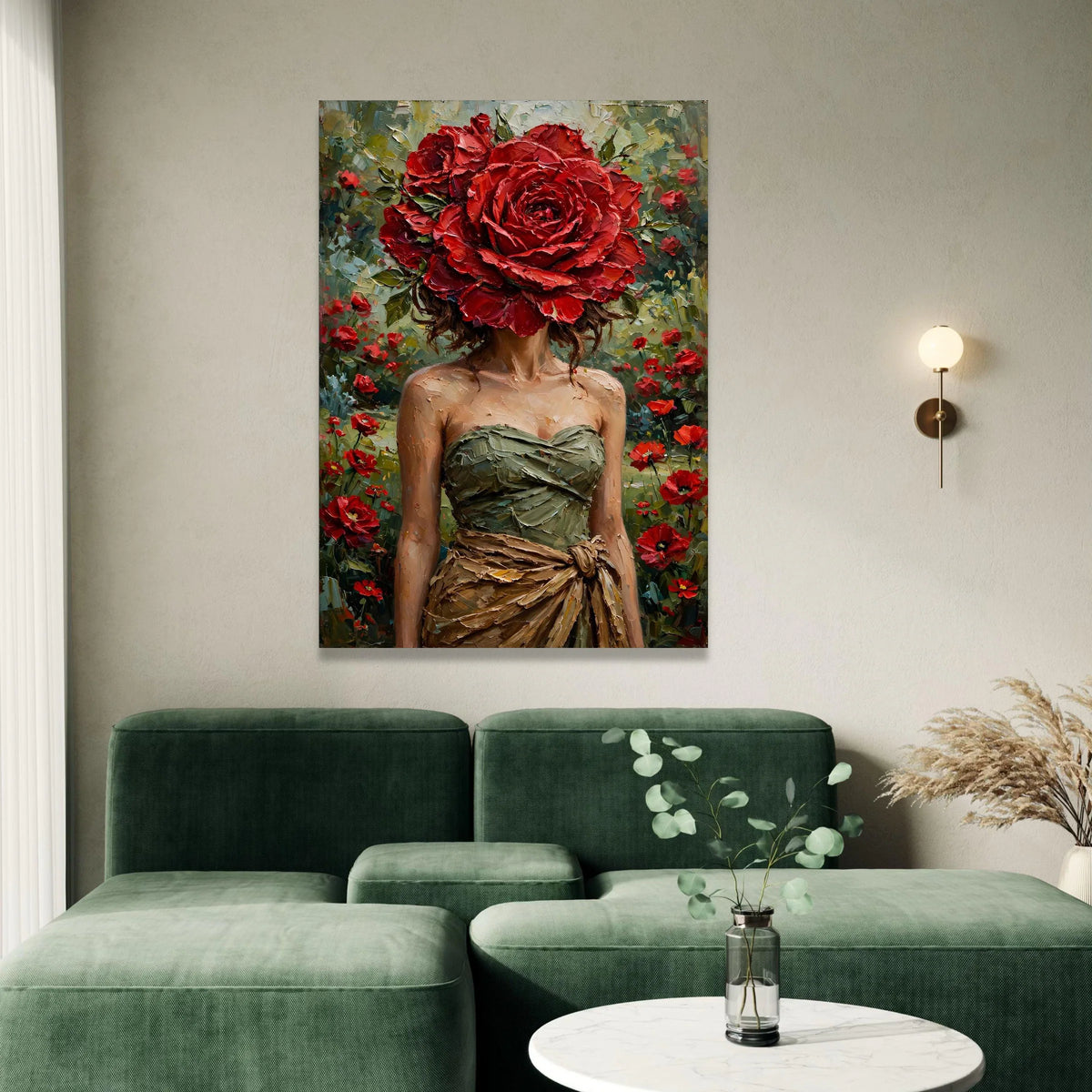 Elegant Woman with Red Rose Headpiece Canvas, Floral Portrait Wall Art, Garden Canvas, Feminine Home Decoration, Nature Canvas Print Art