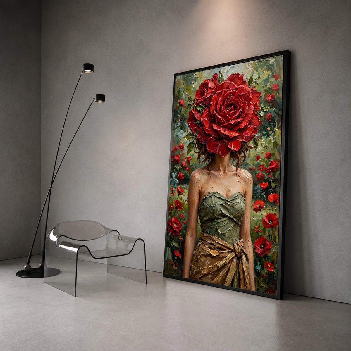 Elegant Woman with Red Rose Headpiece Canvas, Floral Portrait Wall Art, Garden Canvas, Feminine Home Decoration, Nature Canvas Print Art