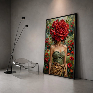 Elegant Woman with Red Rose Headpiece Canvas, Floral Portrait Wall Art, Garden Canvas, Feminine Home Decoration, Nature Canvas Print Art