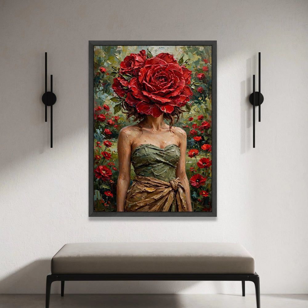 Elegant Woman with Red Rose Headpiece Canvas, Floral Portrait Wall Art, Garden Canvas, Feminine Home Decoration, Nature Canvas Print Art