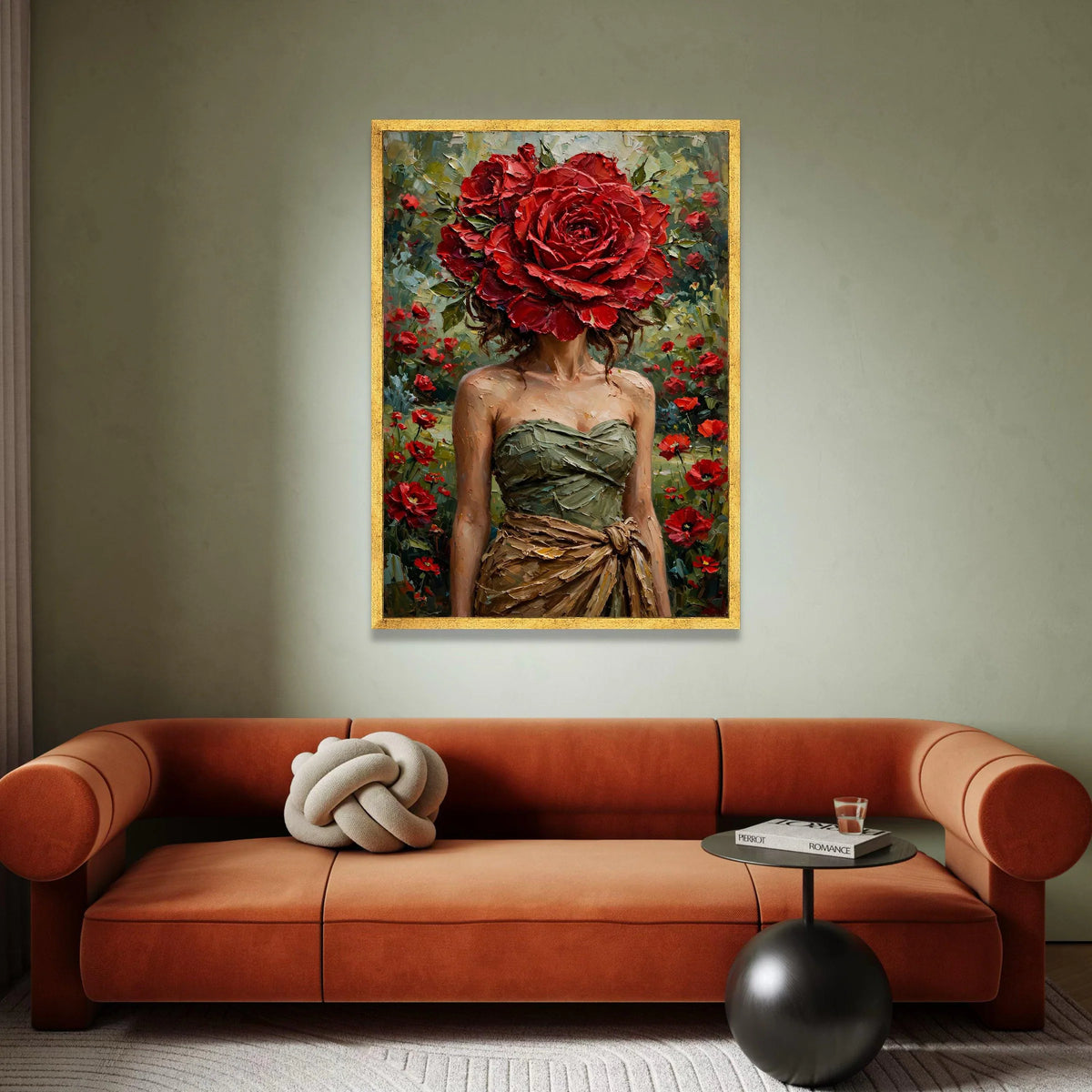 Elegant Woman with Red Rose Headpiece Canvas, Floral Portrait Wall Art, Garden Canvas, Feminine Home Decoration, Nature Canvas Print Art