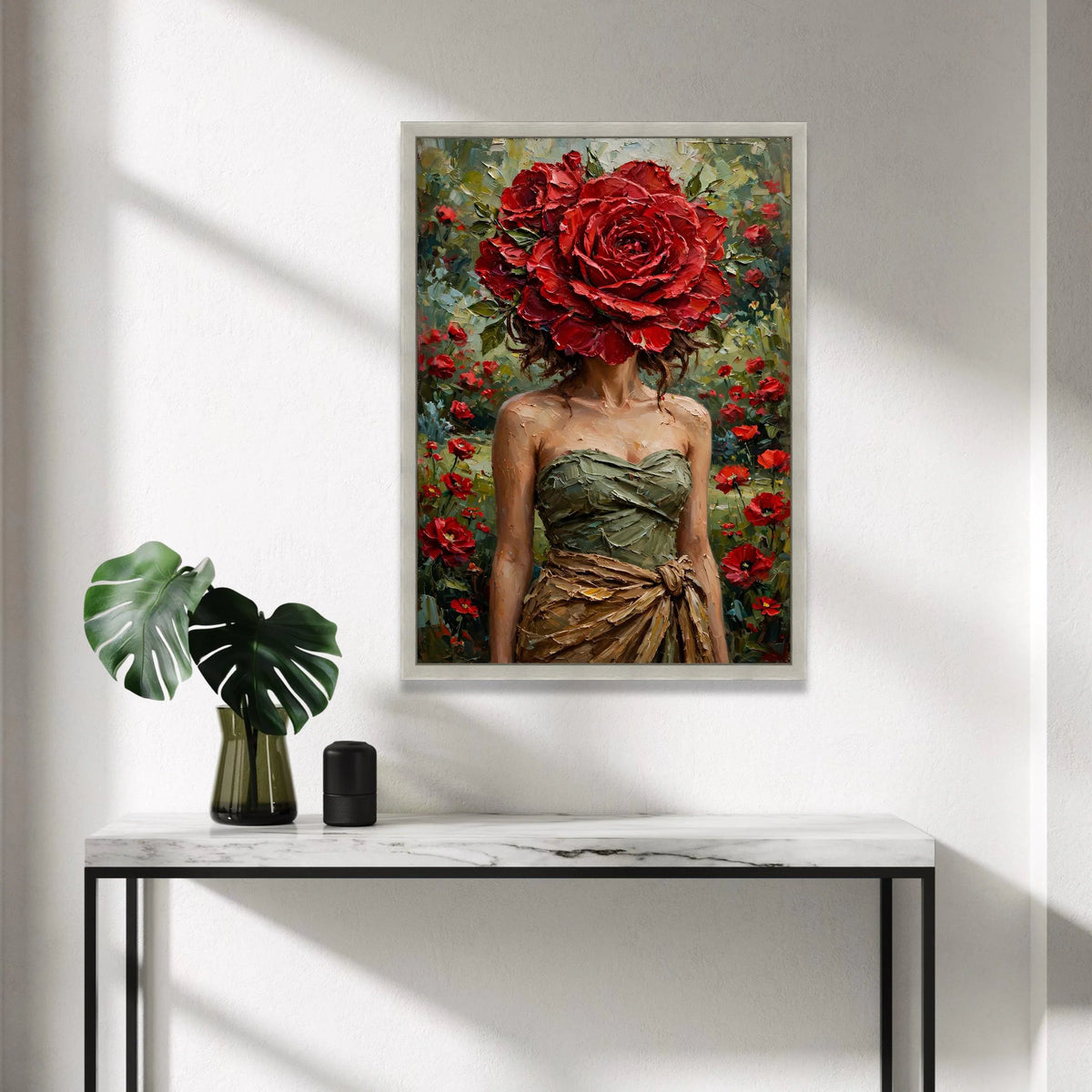 Elegant Woman with Red Rose Headpiece Canvas, Floral Portrait Wall Art, Garden Canvas, Feminine Home Decoration, Nature Canvas Print Art