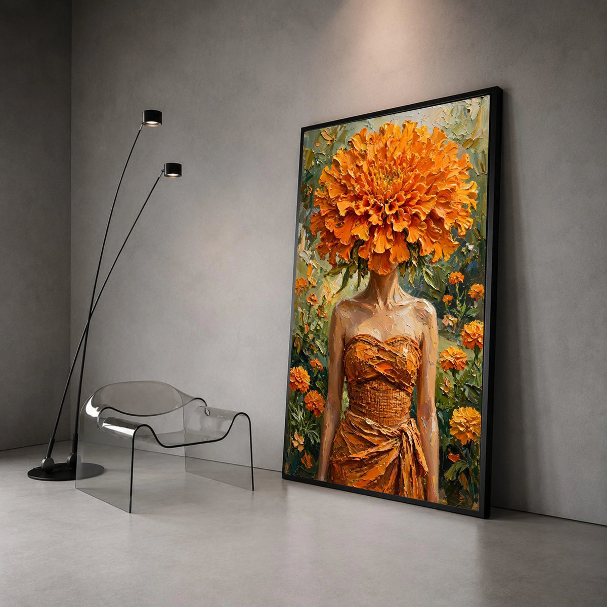 Woman with Orange Flower Head, Floral Fashion Canvas, Vibrant Marigold Wall Art, Botanical Portrait Canvas, Modern Home Canvas Print Art