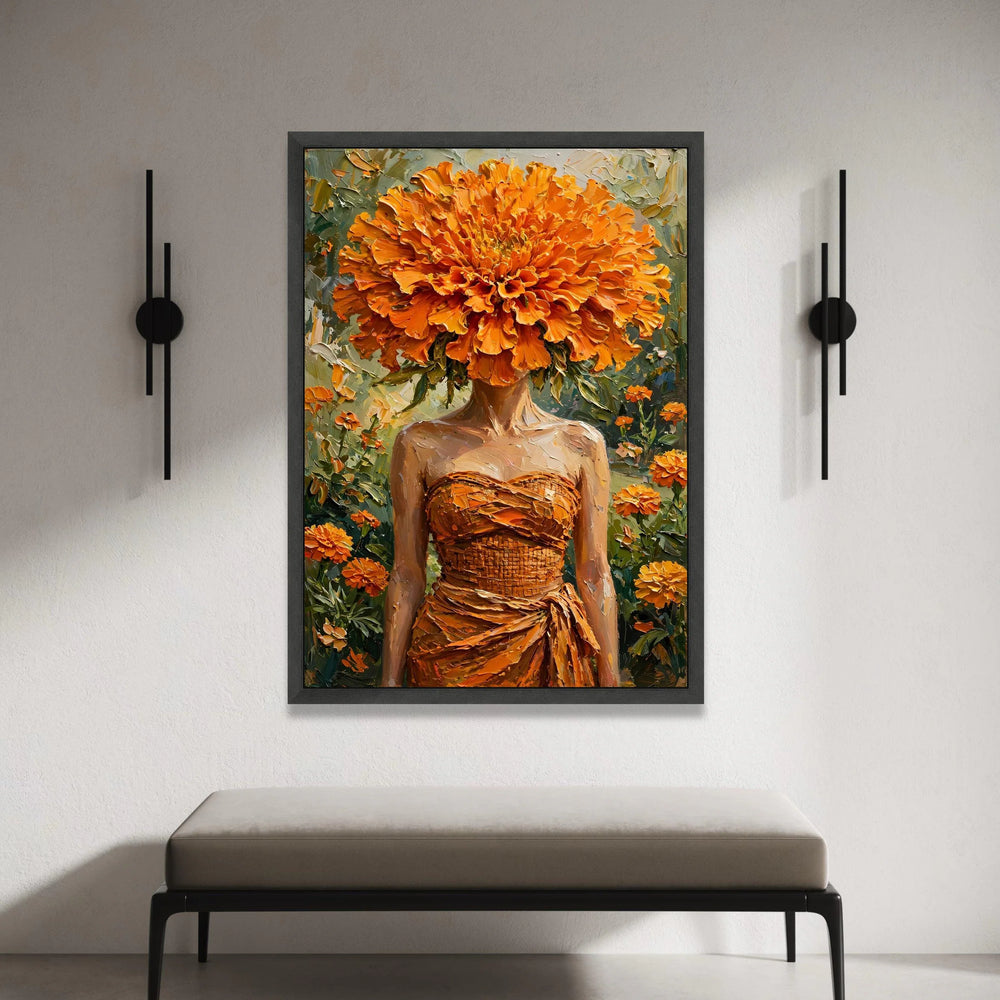 Woman with Orange Flower Head, Floral Fashion Canvas, Vibrant Marigold Wall Art, Botanical Portrait Canvas, Modern Home Canvas Print Art