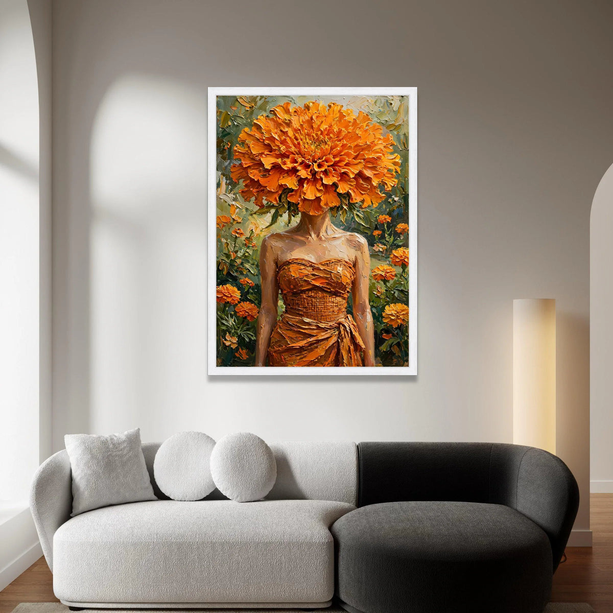 Woman with Orange Flower Head, Floral Fashion Canvas, Vibrant Marigold Wall Art, Botanical Portrait Canvas, Modern Home Canvas Print Art