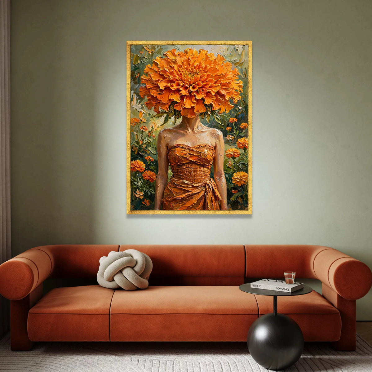 Woman with Orange Flower Head, Floral Fashion Canvas, Vibrant Marigold Wall Art, Botanical Portrait Canvas, Modern Home Canvas Print Art