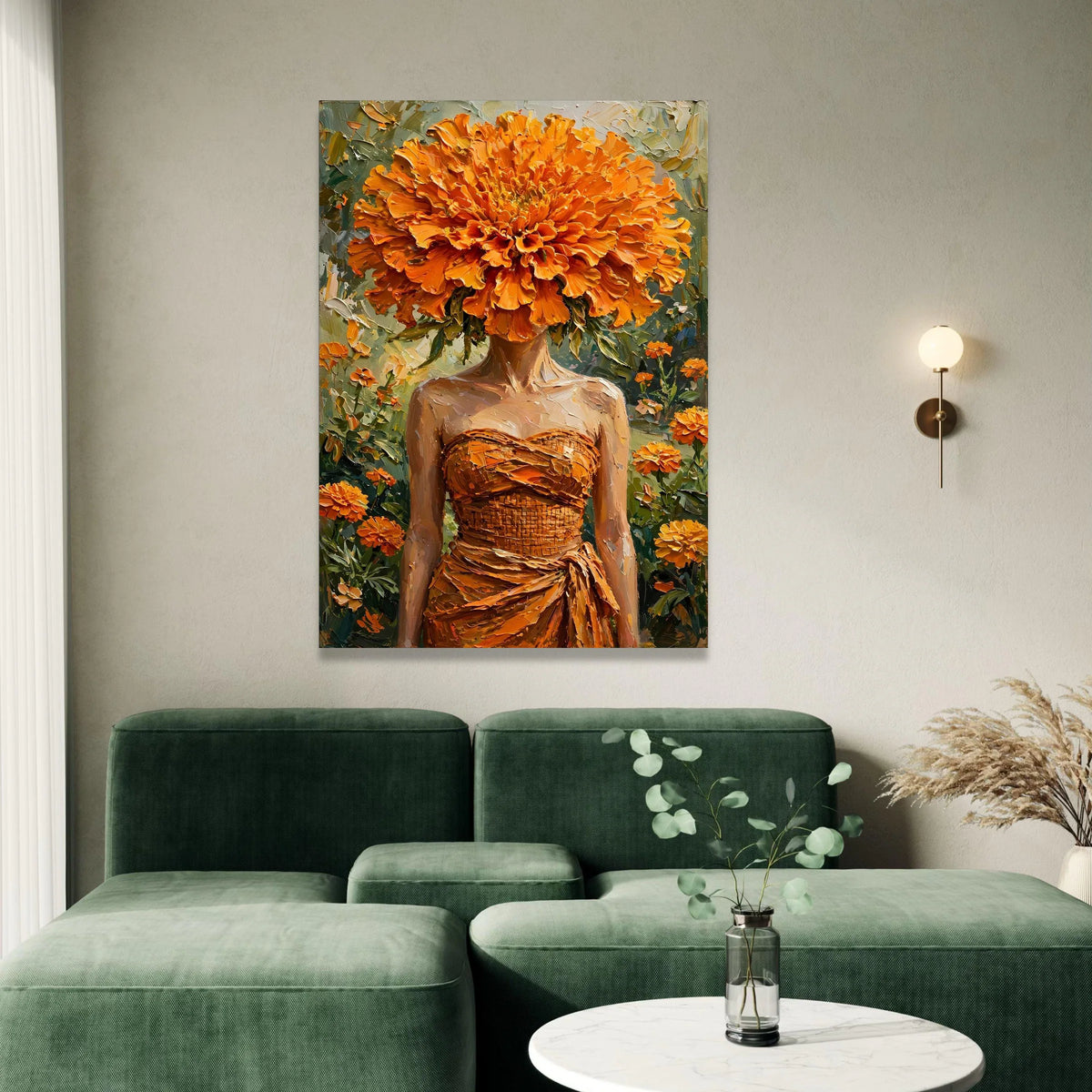 Woman with Orange Flower Head, Floral Fashion Canvas, Vibrant Marigold Wall Art, Botanical Portrait Canvas, Modern Home Canvas Print Art