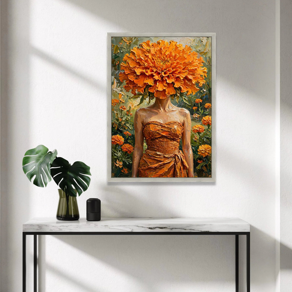 Woman with Orange Flower Head, Floral Fashion Canvas, Vibrant Marigold Wall Art, Botanical Portrait Canvas, Modern Home Canvas Print Art