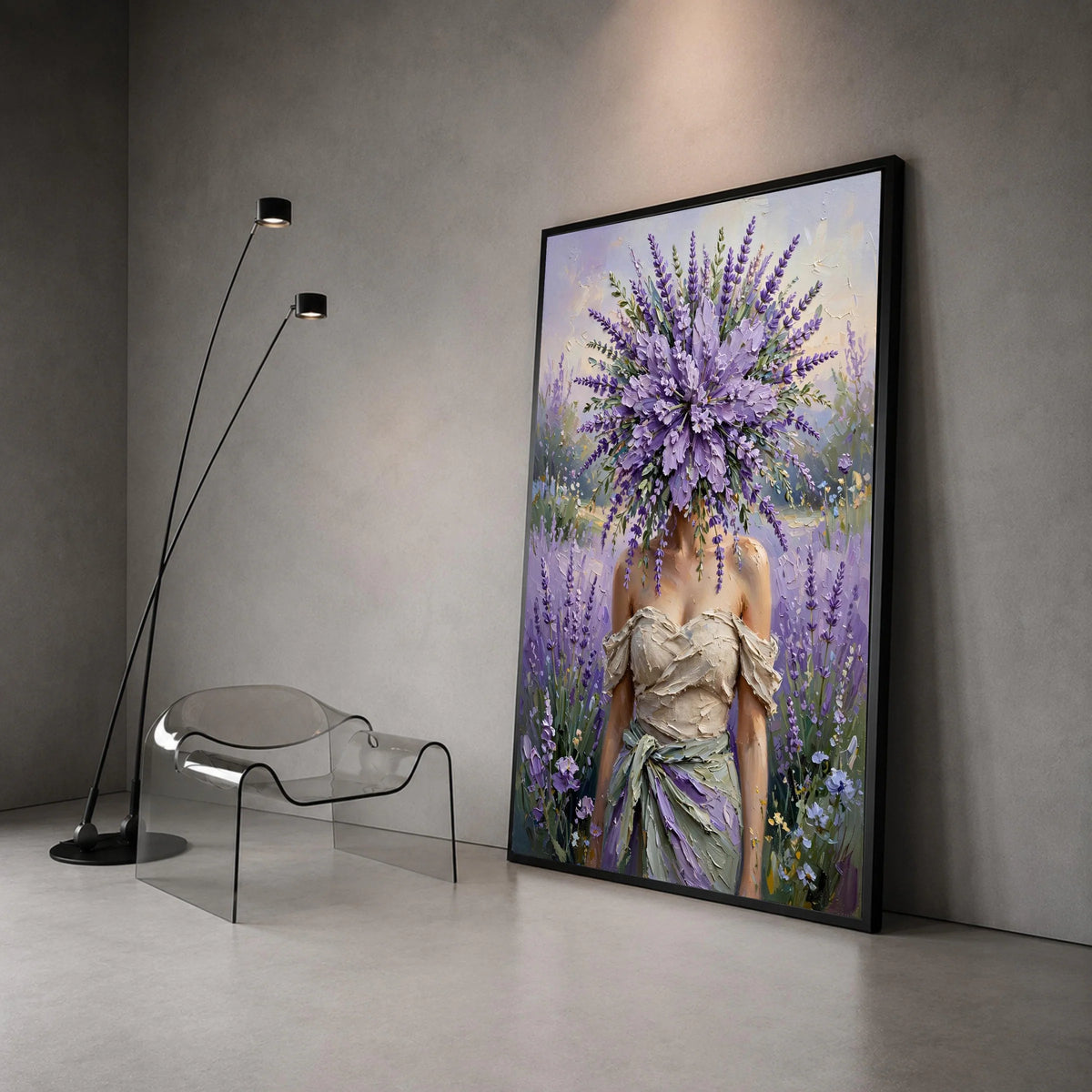 Lavender Bouquet Face Canvas, Woman Floral Portrait, Purple Flower Art, Elegant Garden Wall Decor, Botanical Canvas Canvas Print Art