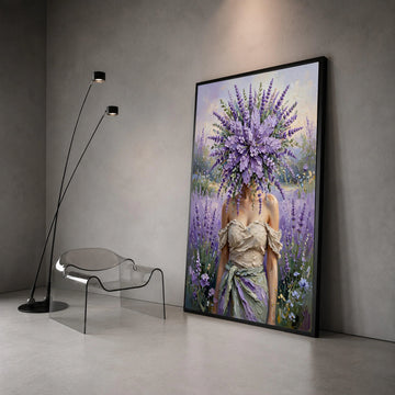Lavender Bouquet Face Canvas, Woman Floral Portrait, Purple Flower Art, Elegant Garden Wall Decor, Botanical Canvas Canvas Print Art
