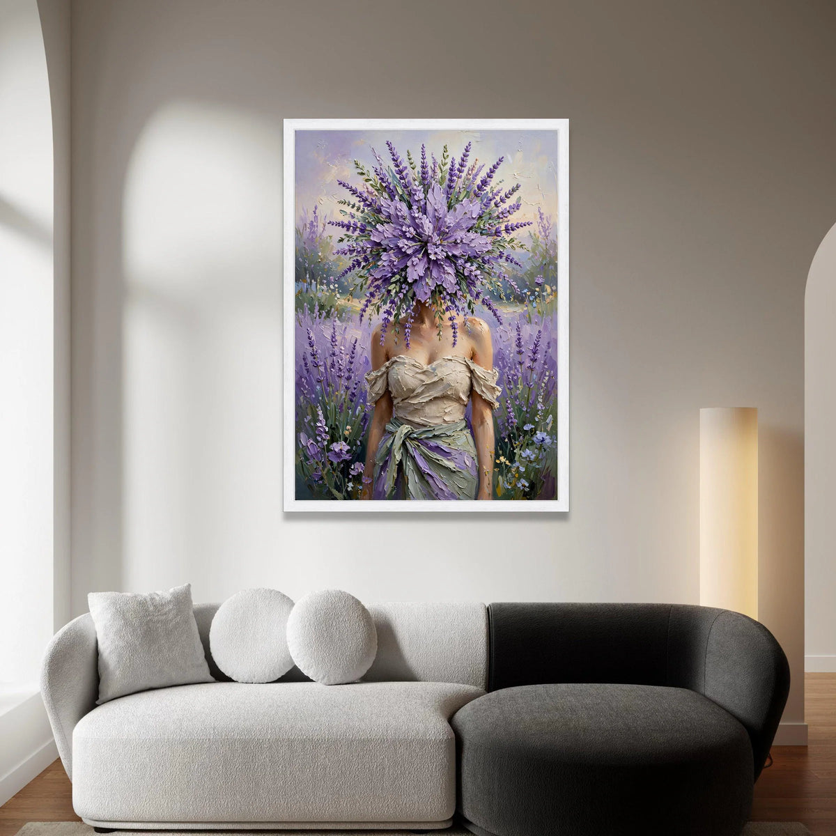 Lavender Bouquet Face Canvas, Woman Floral Portrait, Purple Flower Art, Elegant Garden Wall Decor, Botanical Canvas Canvas Print Art