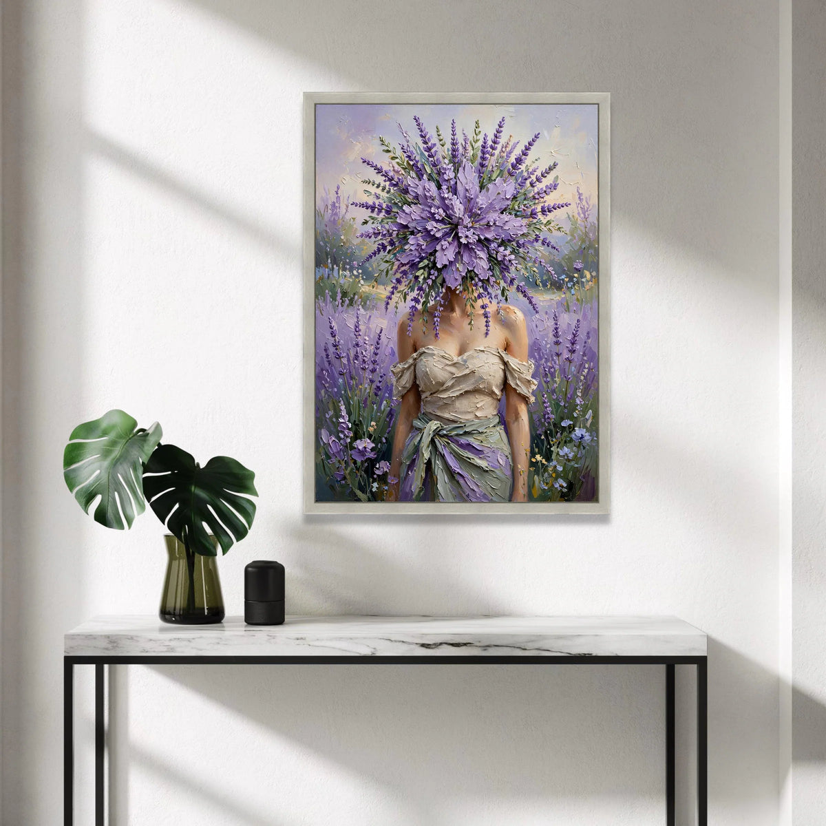 Lavender Bouquet Face Canvas, Woman Floral Portrait, Purple Flower Art, Elegant Garden Wall Decor, Botanical Canvas Canvas Print Art
