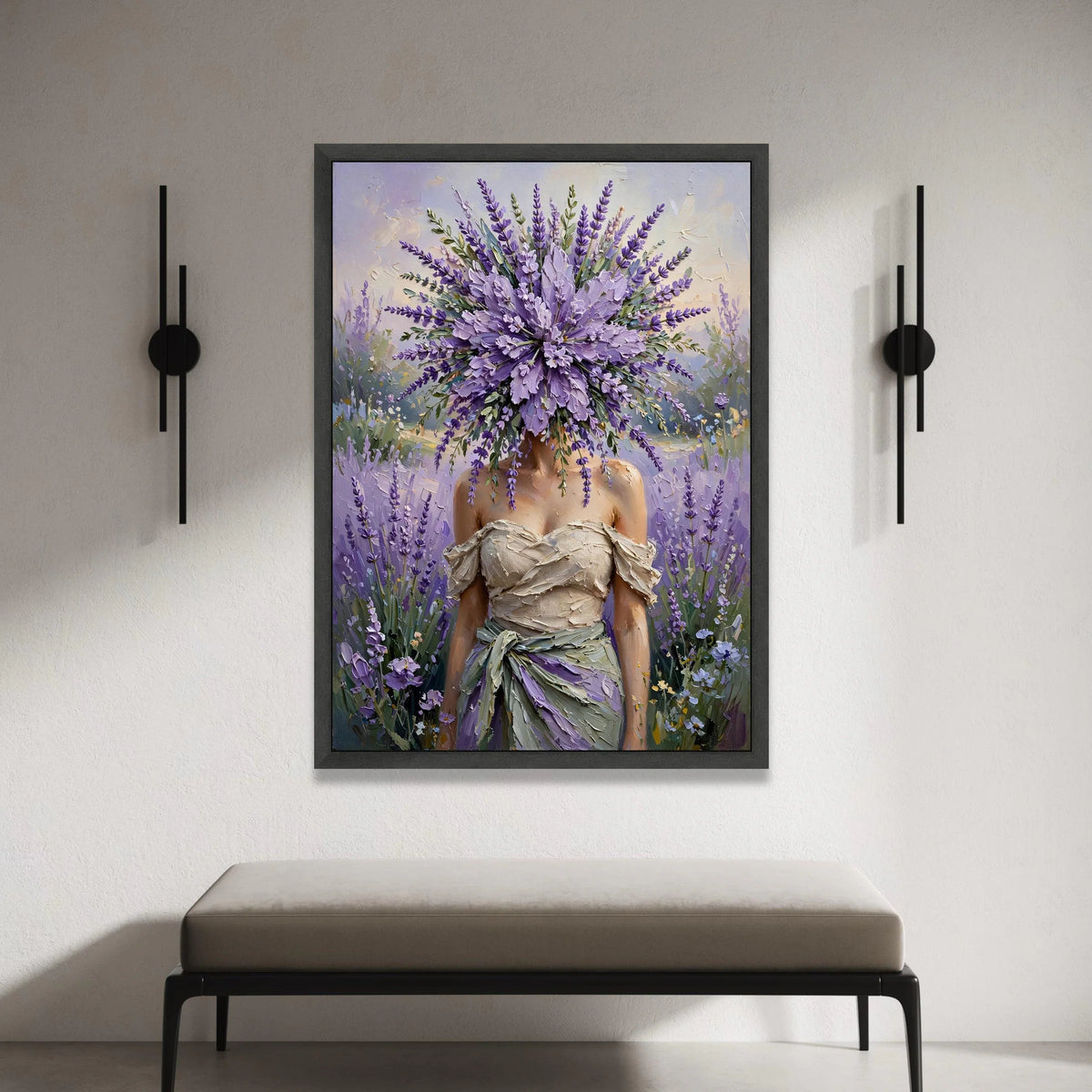 Lavender Bouquet Face Canvas, Woman Floral Portrait, Purple Flower Art, Elegant Garden Wall Decor, Botanical Canvas Canvas Print Art