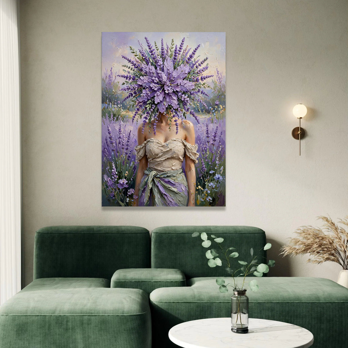 Lavender Bouquet Face Canvas, Woman Floral Portrait, Purple Flower Art, Elegant Garden Wall Decor, Botanical Canvas Canvas Print Art