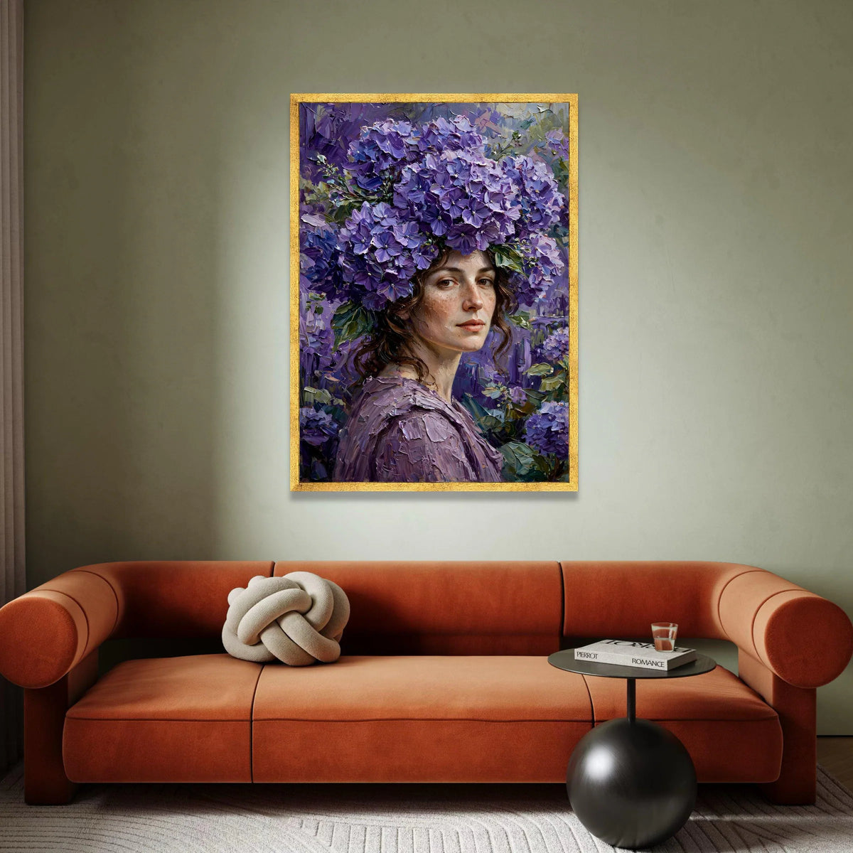 Elegant Woman with Purple Hydrangea Crown Canvas, Floral Portrait Wall Art, Decorative Canvas for Living Room, Feminine Canvas Print Art