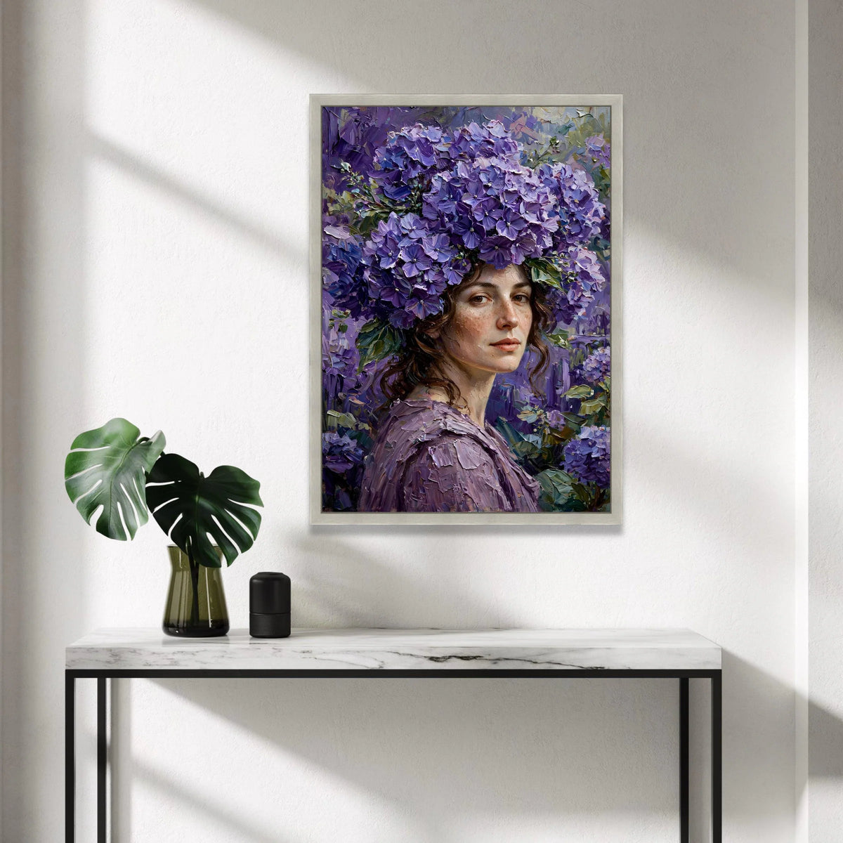 Elegant Woman with Purple Hydrangea Crown Canvas, Floral Portrait Wall Art, Decorative Canvas for Living Room, Feminine Canvas Print Art