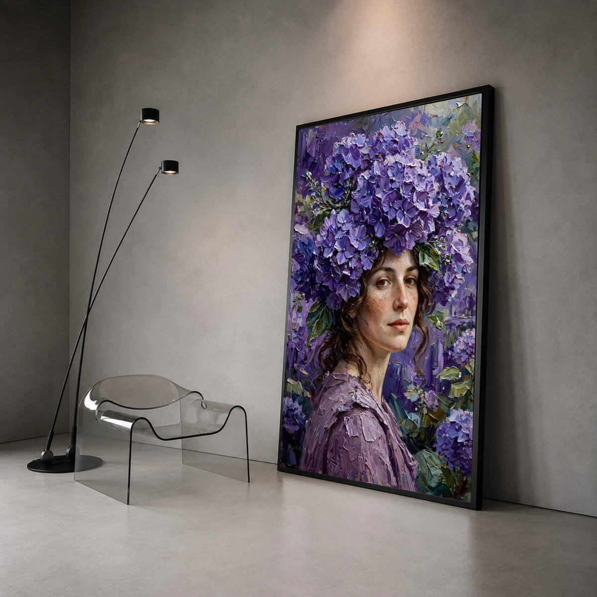 Elegant Woman with Purple Hydrangea Crown Canvas, Floral Portrait Wall Art, Decorative Canvas for Living Room, Feminine Canvas Print Art