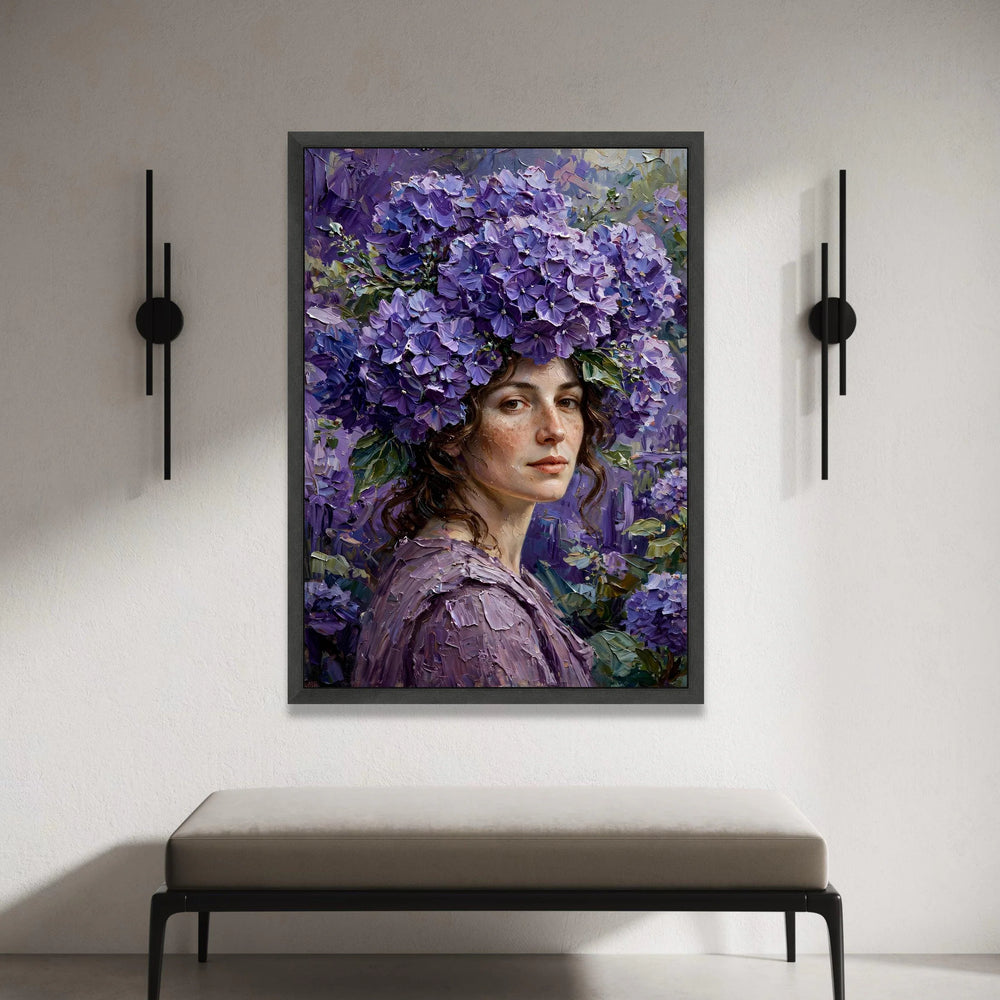 Elegant Woman with Purple Hydrangea Crown Canvas, Floral Portrait Wall Art, Decorative Canvas for Living Room, Feminine Canvas Print Art