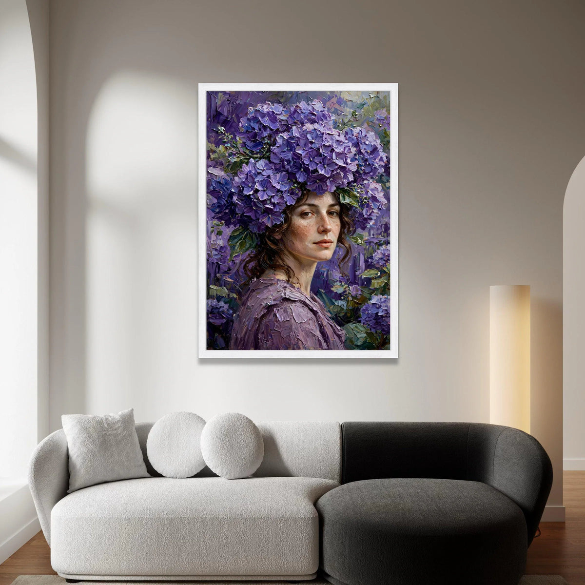 Elegant Woman with Purple Hydrangea Crown Canvas, Floral Portrait Wall Art, Decorative Canvas for Living Room, Feminine Canvas Print Art