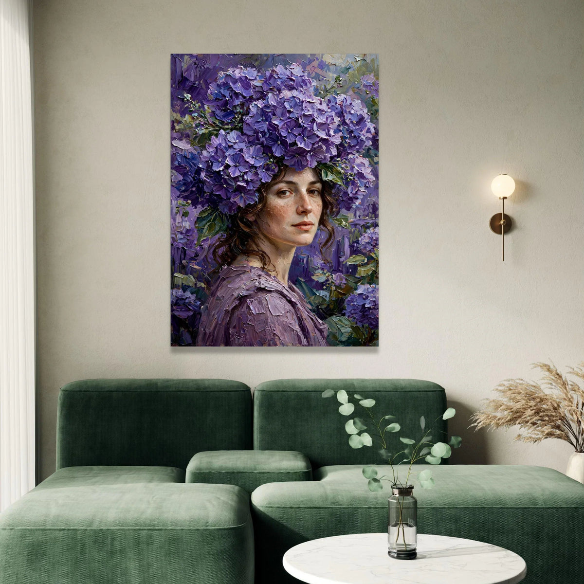 Elegant Woman with Purple Hydrangea Crown Canvas, Floral Portrait Wall Art, Decorative Canvas for Living Room, Feminine Canvas Print Art