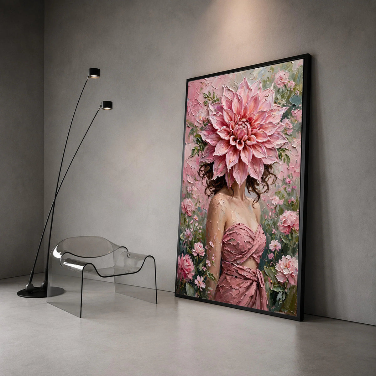 Floral Portrait Canvas Wall Art, Woman with Pink Flower Headpiece, Romantic Botanical Canvas, Feminine Home Decoration, Canvas Print Art