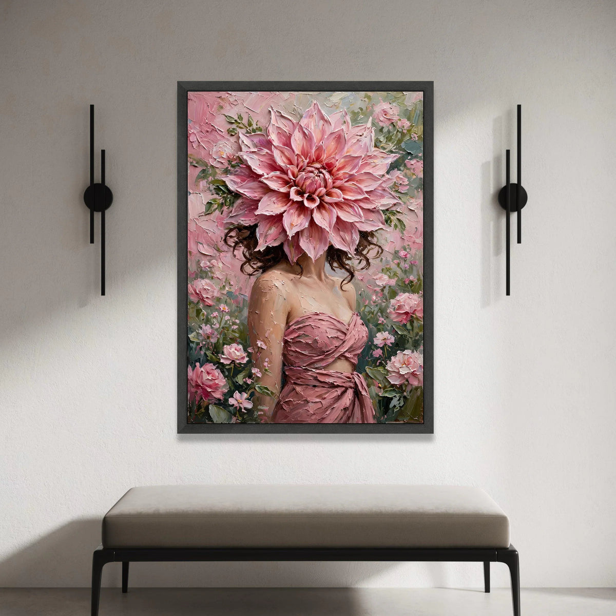 Floral Portrait Canvas Wall Art, Woman with Pink Flower Headpiece, Romantic Botanical Canvas, Feminine Home Decoration, Canvas Print Art