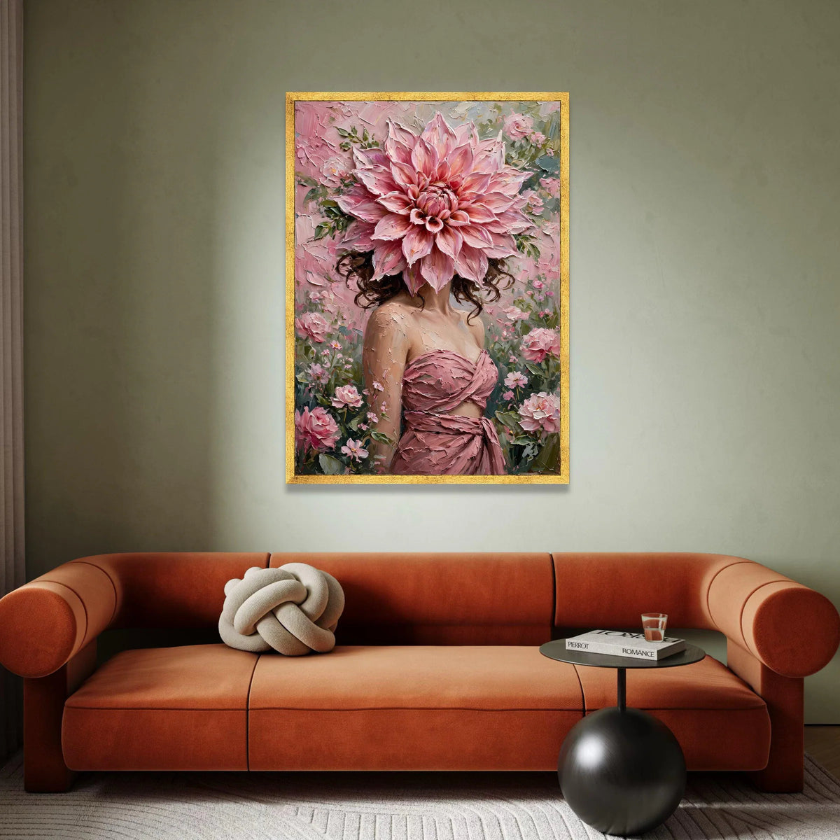 Floral Portrait Canvas Wall Art, Woman with Pink Flower Headpiece, Romantic Botanical Canvas, Feminine Home Decoration, Canvas Print Art