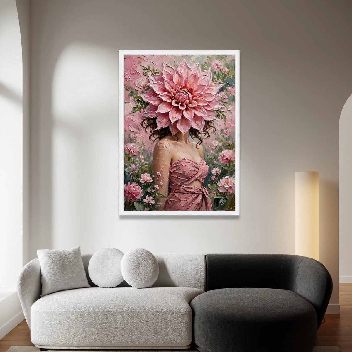Floral Portrait Canvas Wall Art, Woman with Pink Flower Headpiece, Romantic Botanical Canvas, Feminine Home Decoration, Canvas Print Art