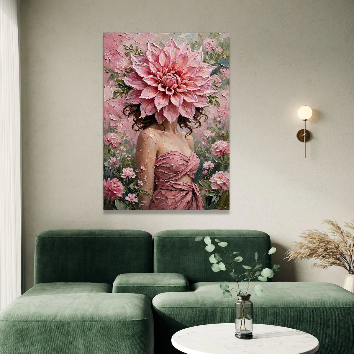 Floral Portrait Canvas Wall Art, Woman with Pink Flower Headpiece, Romantic Botanical Canvas, Feminine Home Decoration, Canvas Print Art